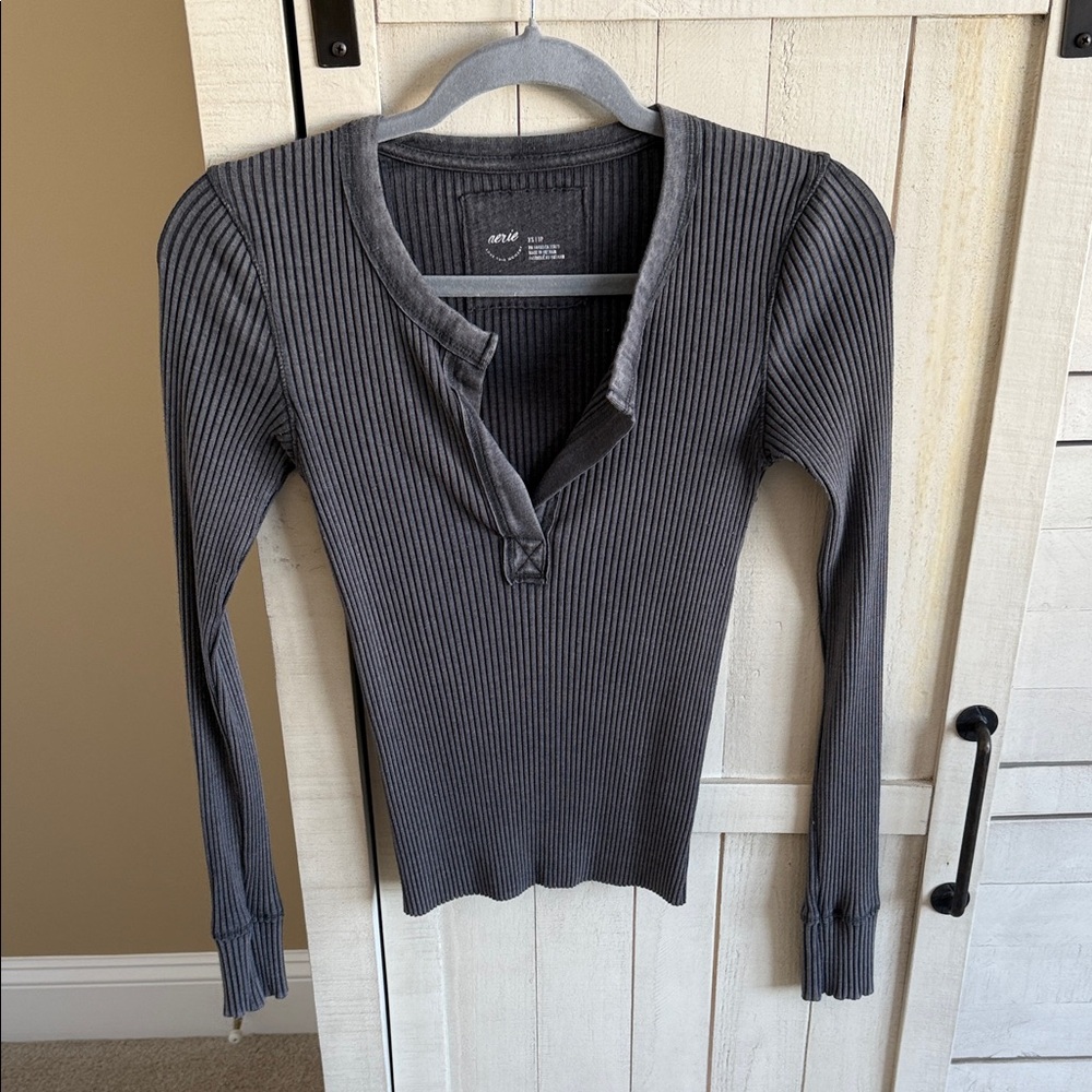 Aerie Charcoal Ribbed Long Sleeve Top